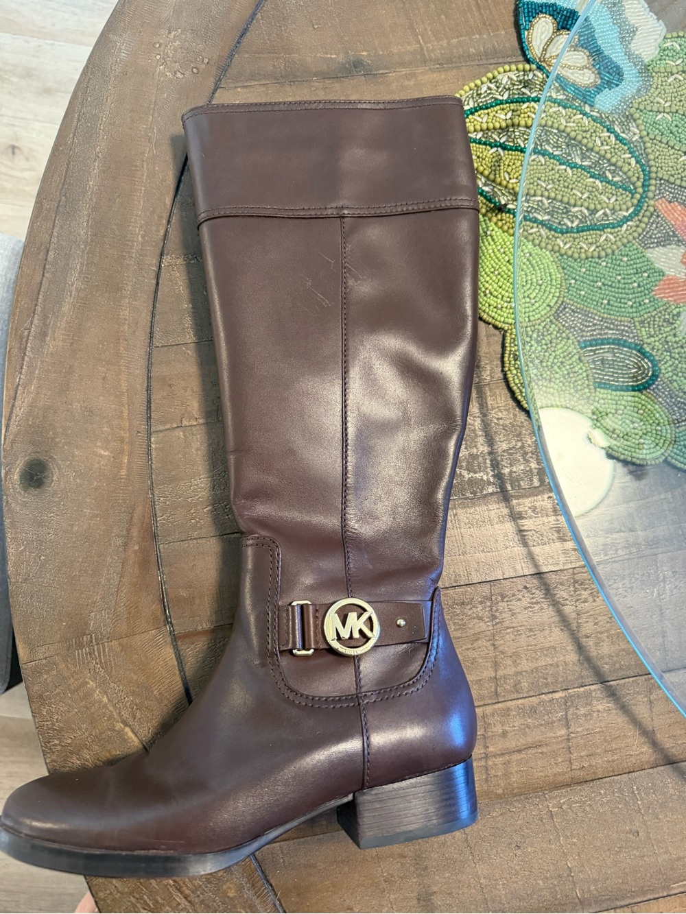Michael Kors Dark Brown Leather Knee Boot with Gold MK Accent